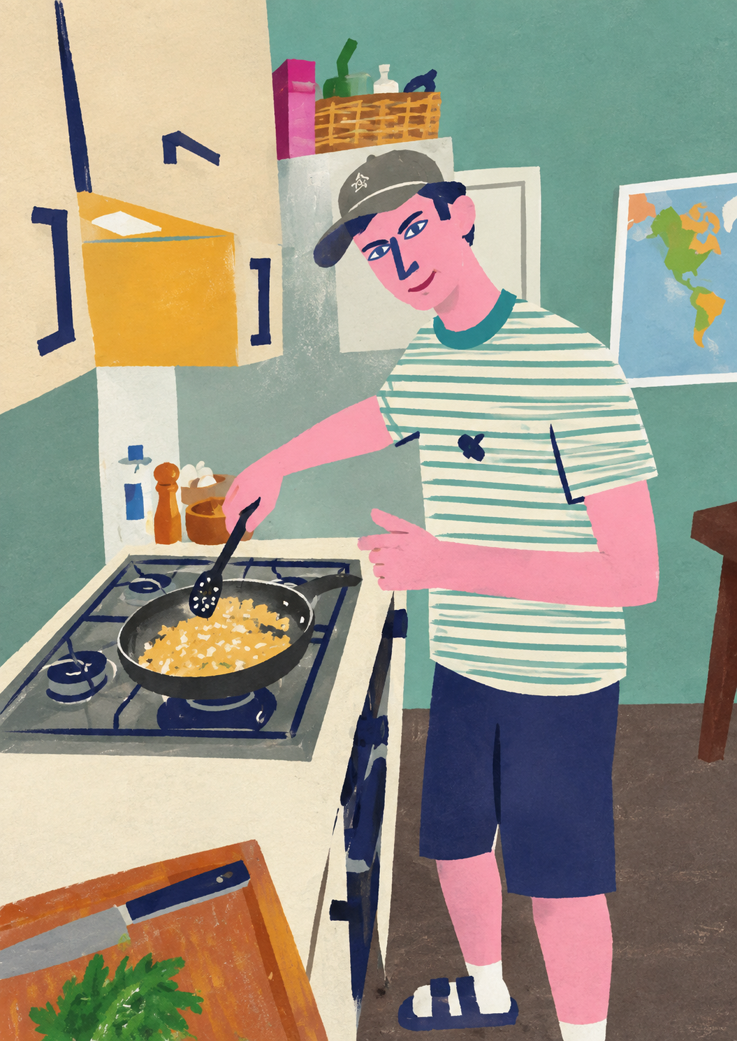 A cook stirring onions in a real home kitchen
